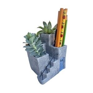 Minimalist Modern Adobe Desk Top Planter & Pen Holder, Blue Door